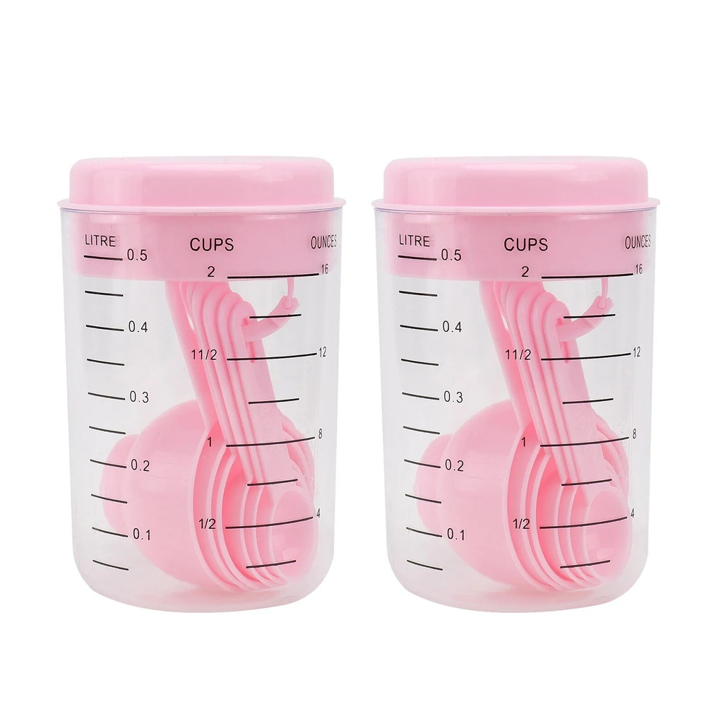 Etereauty 14 Pcs/2 Set Plastic Measuring Spoons and Cups Kitchen Cups Spoons Baking Cooking Tools (Pink)