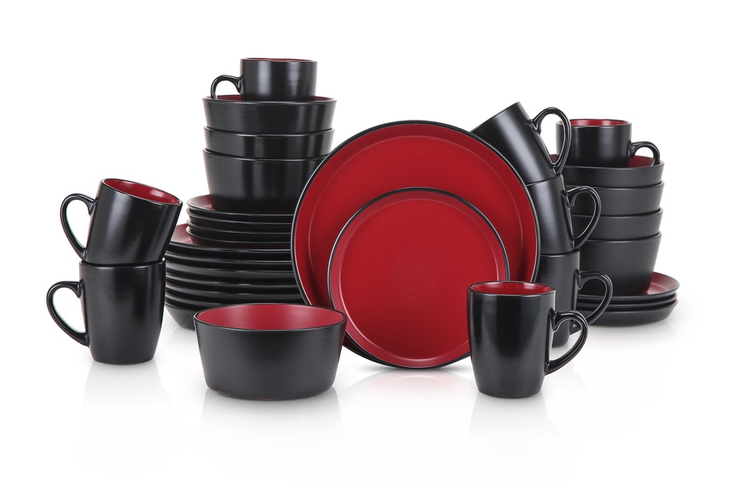 Stone Lain 32 Pieces Stoneware round Dinnerware Set, Service for 8, 2-Tone Glazed in Red and Black, Modern Dishes