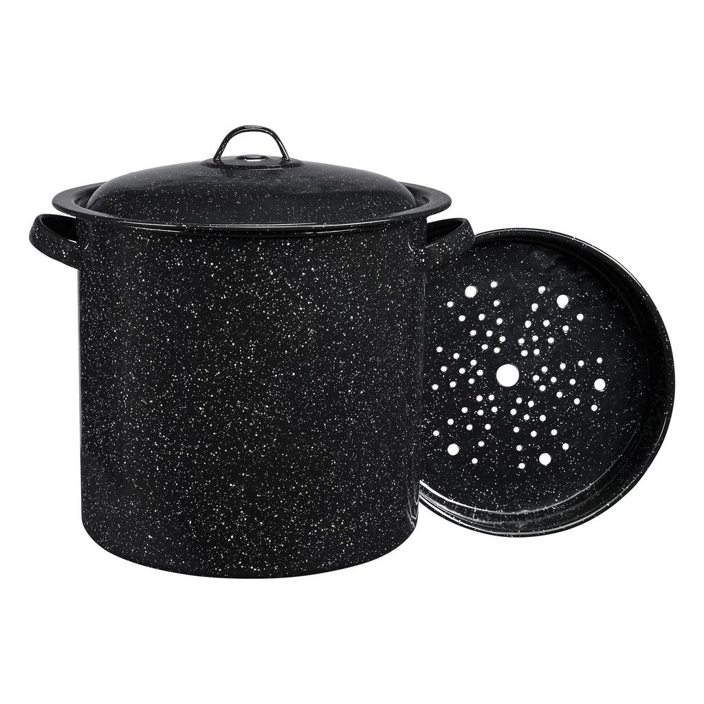 Granite Ware Enamel on Steel Multiuse Pot, Seafood / Tamale / Stock Pot Includes Steamer Insert, 15.5-Quart, Black