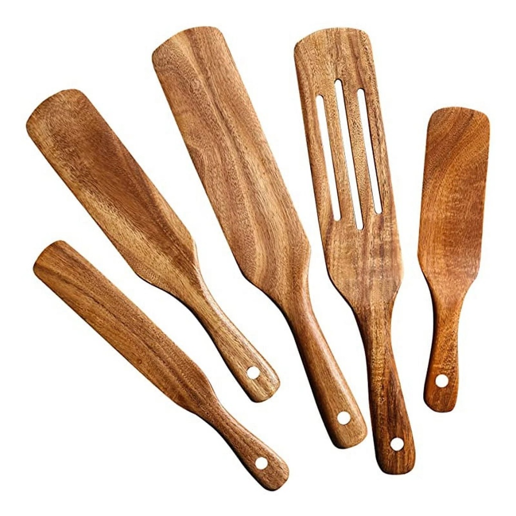 Wooden Spurtles Set (5Pcs) - Teak Wood Set - Heat Non Stick Wood Cookware for Stirring & Mixing