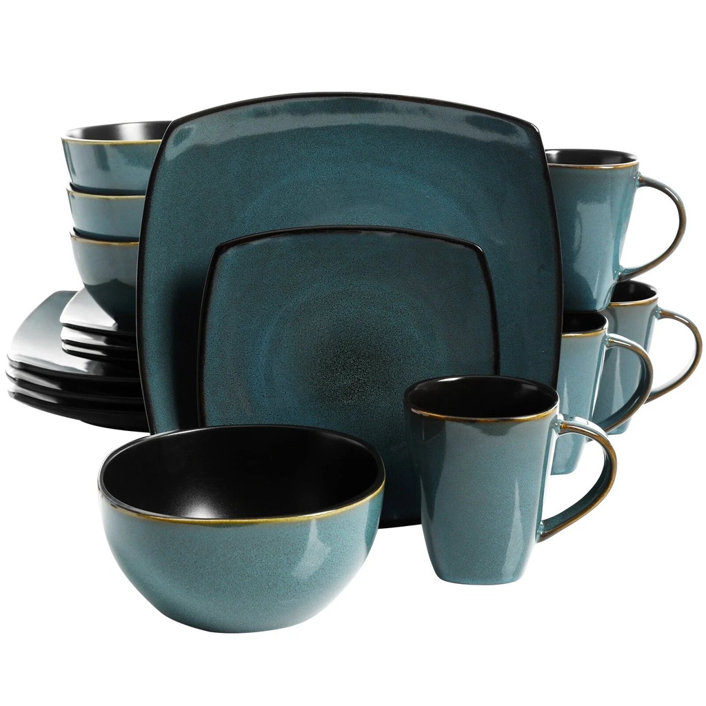 Gibson Downtown 16 Piece Soft Square Stoneware Dinnerware Set in Teal