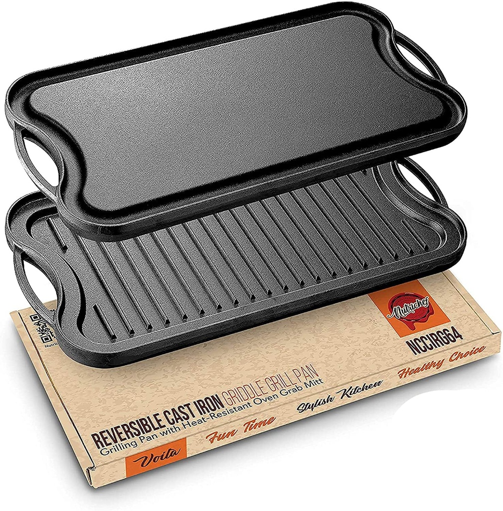 Cast Iron Reversible Grill Plate - PFOA & PFOS Free Oven Safe Flat Cast Iron Skillet Griddle Pan Grilling Pan W/ Scraper for Electric Stovetop, Ceramic - Nutrichef NCCIRG64