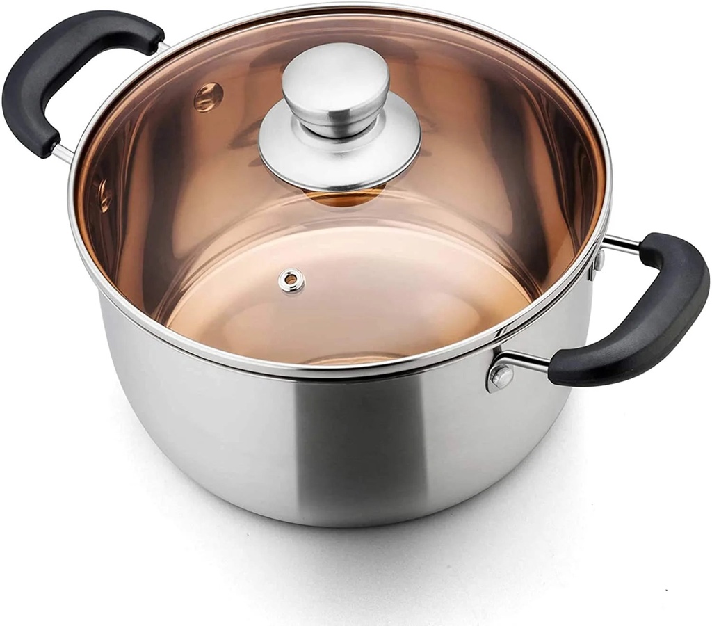 Vesteel 6 Quart Stock Pot, 18/10 Stainless Steel Metal Pasta Soup Pot with Glass Lid for Cooking, Double Heat-Proof Handles, Heavy Duty & Dishwasher Safe