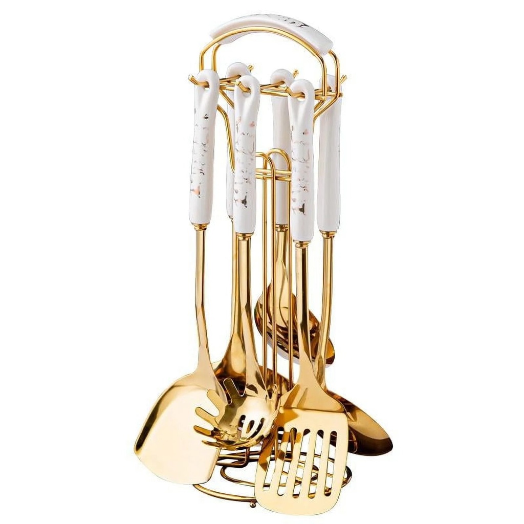 Lxmons Gold Stainless Steel Kitchen Utensil Set Cooking 7 Pcs Set with Hold,Include Spatulas,Soup Spoons,Colander