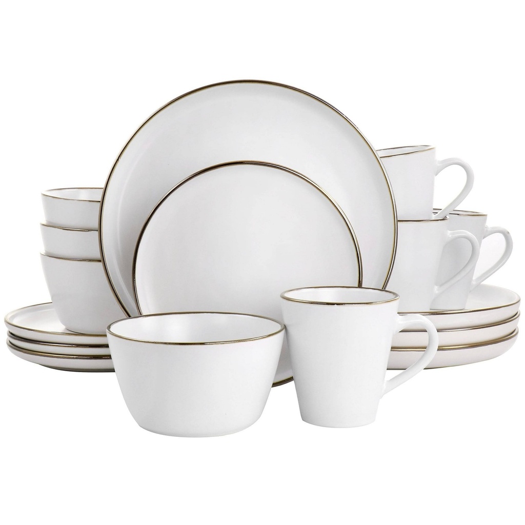 [2 Pack]- 16Pc Arthur Stoneware Dinnerware Set with Rim Matte White/Gold