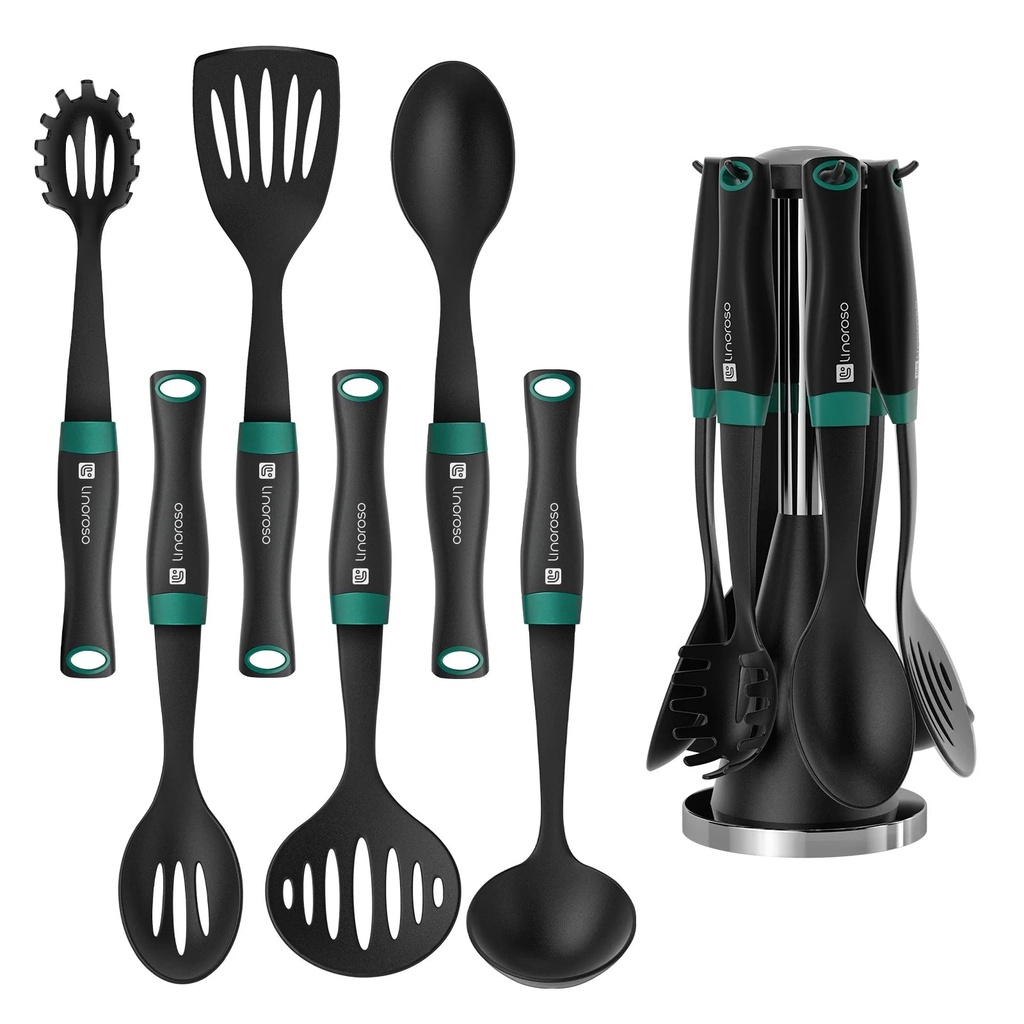 Linoroso 7 PCS Elevate Nylon Cooking Utensils Set, Kitchen Utensil Set Heavy Duty with Exquisite Rotating Utensil Holder
