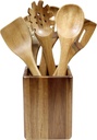 Tablecraft Elements Collection Utensil Set with Holder, 5" X 6.5" X 11.5", Marble/Acacia
