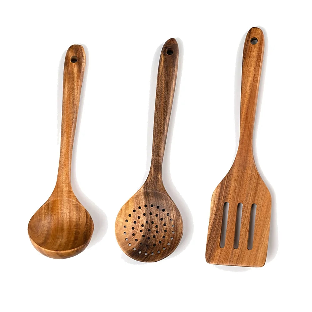 SNNROO Nonstick Wooden Spoons for Cooking 3 Hard Wood Cooking Utensils Healthy and Natural Wooden Spatula Set Strong and Solid