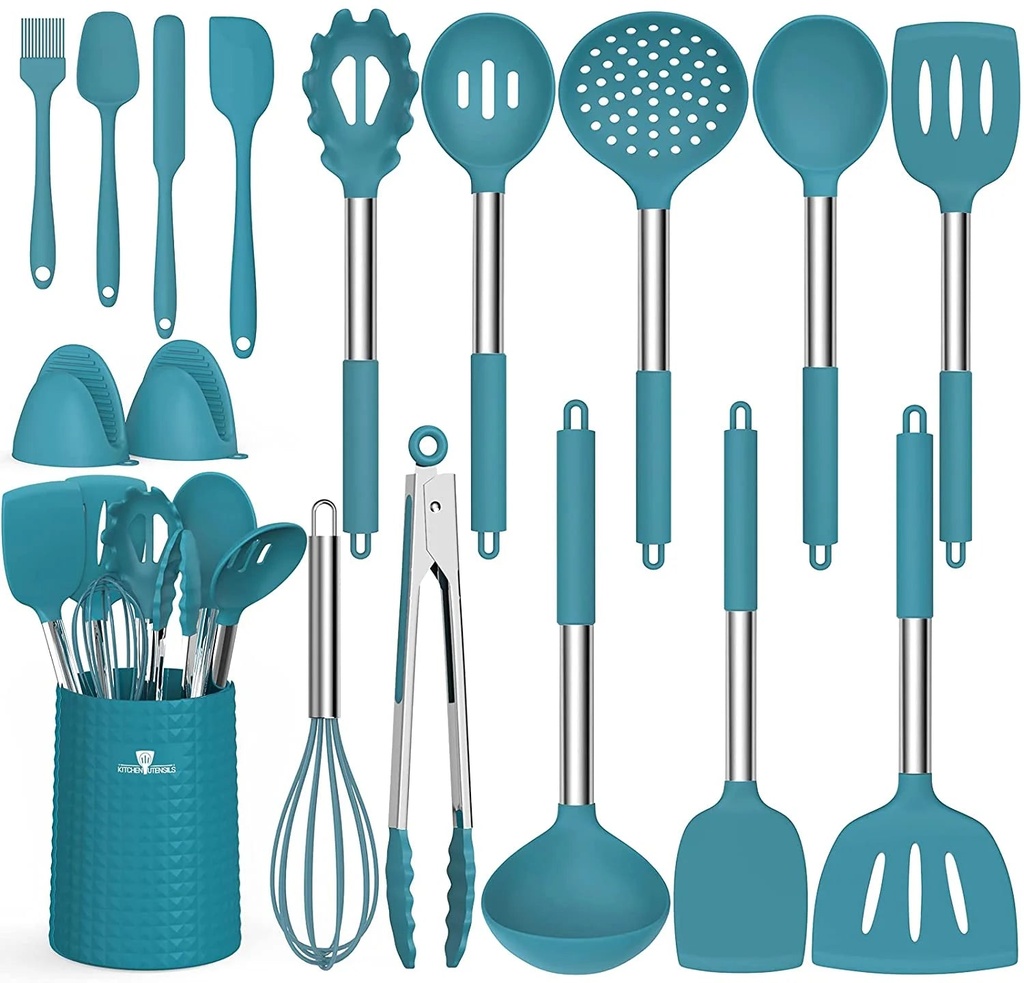 17Pcs Silicone Cooking Utensil Set,Non-Stick Heat Resistant Stainless Steel Handle,Blue