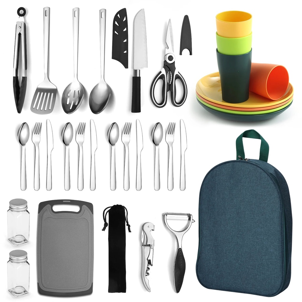 Reanea Camping Cooking Utensils Set, Camping Accessories with Stainless Steel Camping Silverware Sets, Plates and Cups