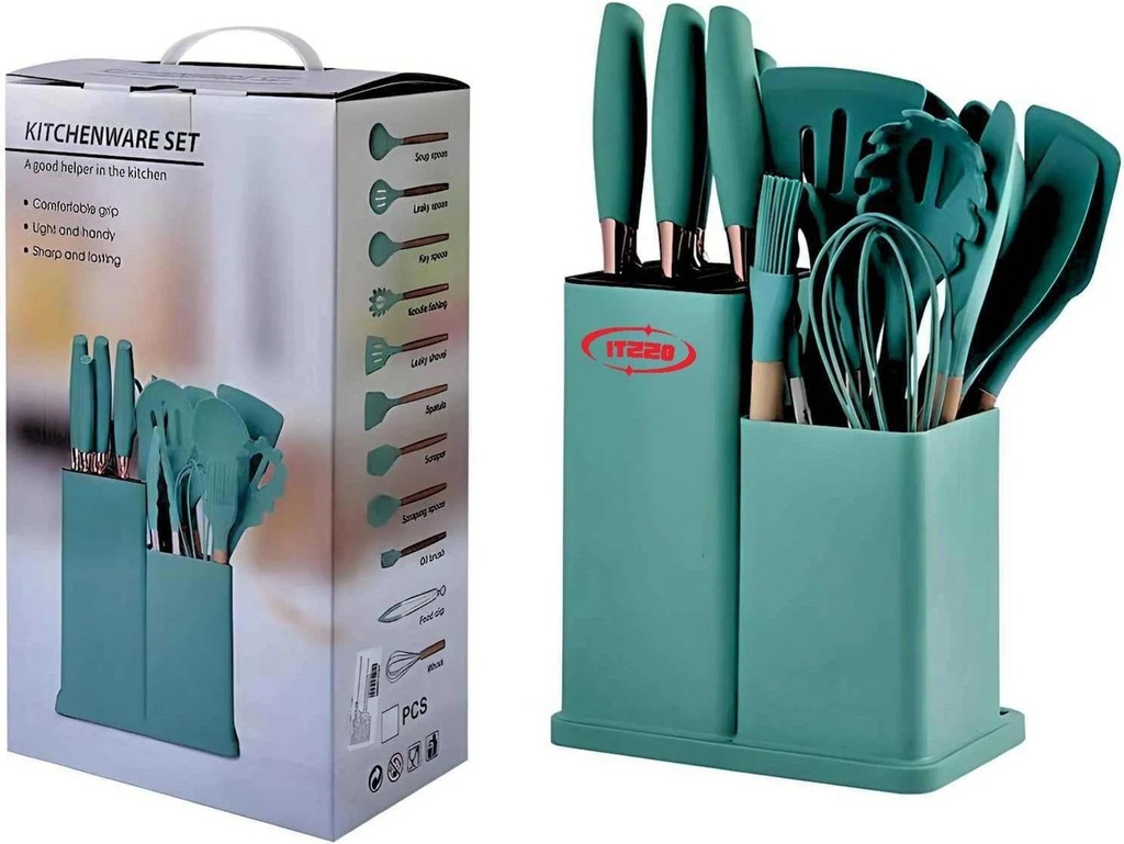 ITZZO 19-In-1 Kitchen Knife Set with Block and 9 PCS Silicone Cooking Utensils Set - Stainless Steel Chef Knives, Scissors, Whisk, Tongs, Cutting Board - Teal