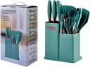 ITZZO 19-In-1 Kitchen Knife Set with Block and 9 PCS Silicone Cooking Utensils Set - Stainless Steel Chef Knives, Scissors, Whisk, Tongs, Cutting Board - Teal