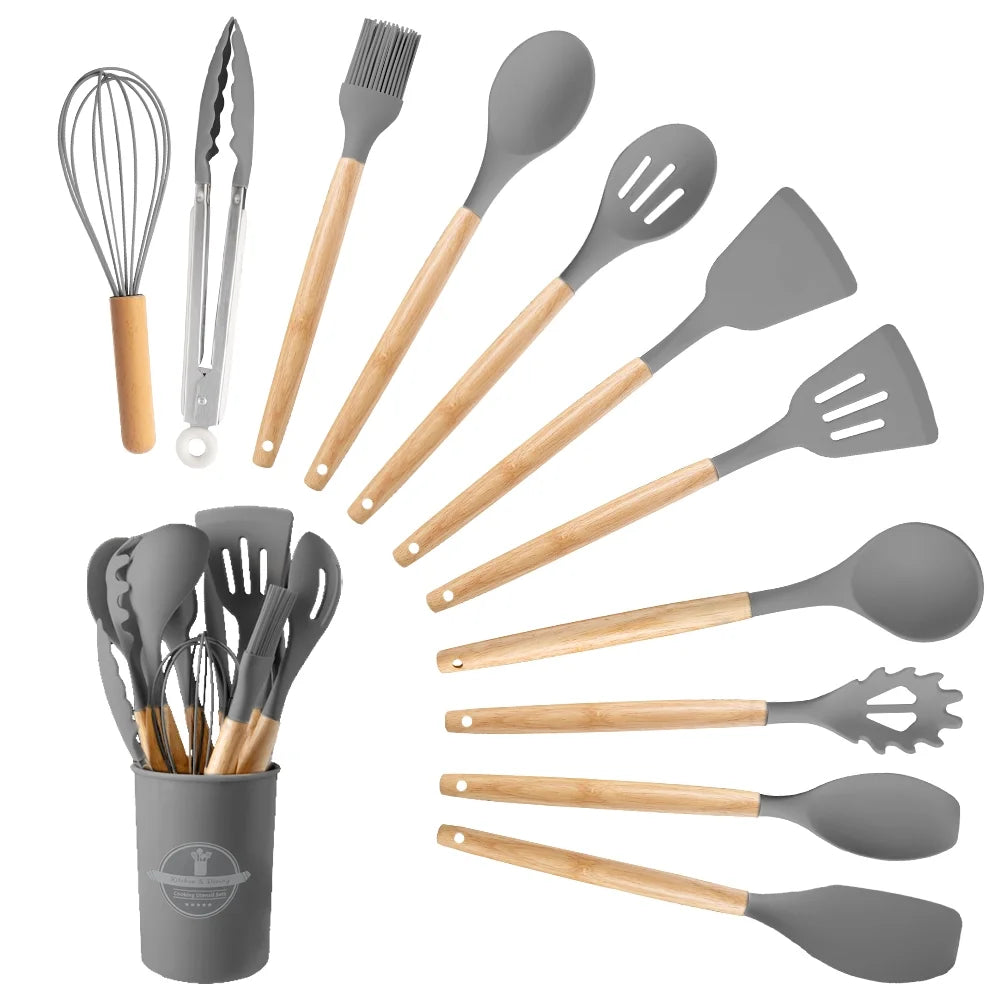 12 Piece Silicone Kitchen Utensil Set Heat Resistant Silicone Kitchen Utensils for Cooking,Kitchen Utensil Spatula Set W Wooden Handles,Holder, BPA FREE Gadgets for Non-Stick Cookware