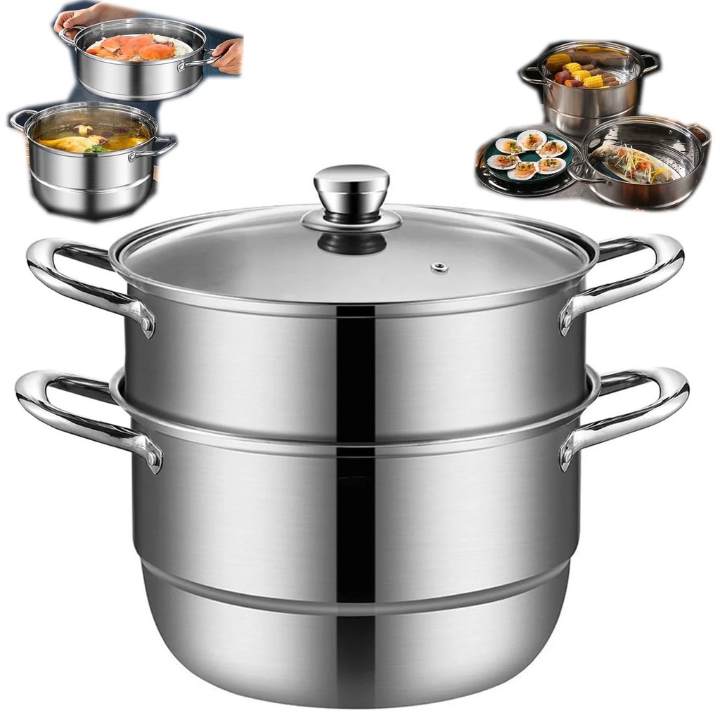 Leyeet Steamer for Cooking, Food Grade Stainless Steel Steamer Pot, 11 Inch Steam Pots with Glass Lid 2-Tier for Cooking Vegetables, Seafood, Soups, Stews and Pasta Cooking Tool