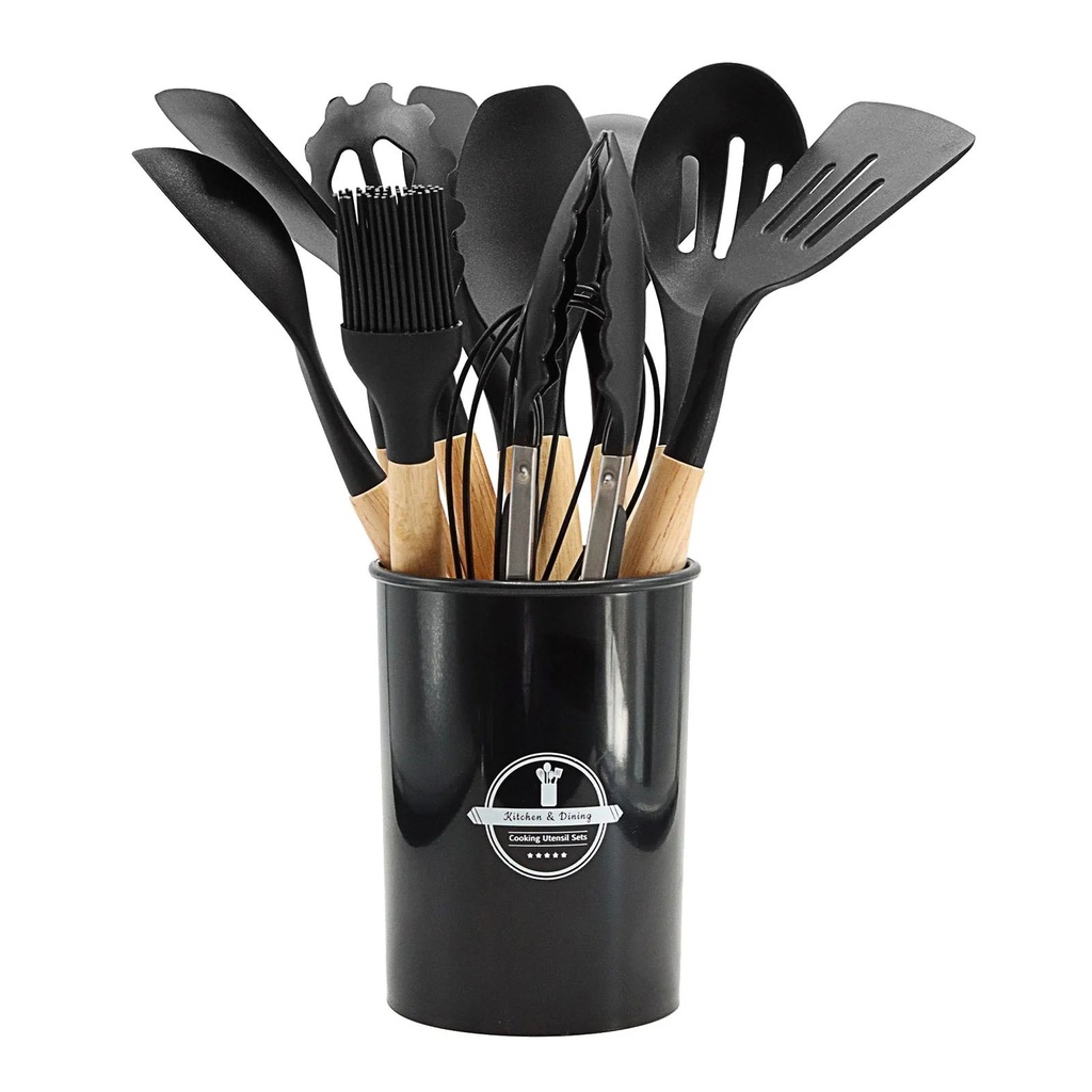 Bilqis Silicone Cooking Set, 12 Pcs Kitchen Utensils Set, Wooden Handle, Bucket Storage, High-Temperature Resistance, Scratch-Free, Cooking Spoons for Nonstick, Best Kitchen Tools