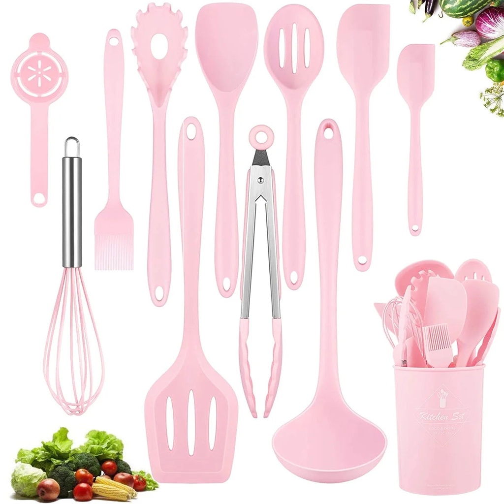 VIVAYO 12 Pieces Silicone Kitchen Utensils Set, Kitchen Cooking Spatula Sets with Holder for Cookware Heat Resistant Spoons, Turners,Tongs, Whisk, Basting Brush, Pink