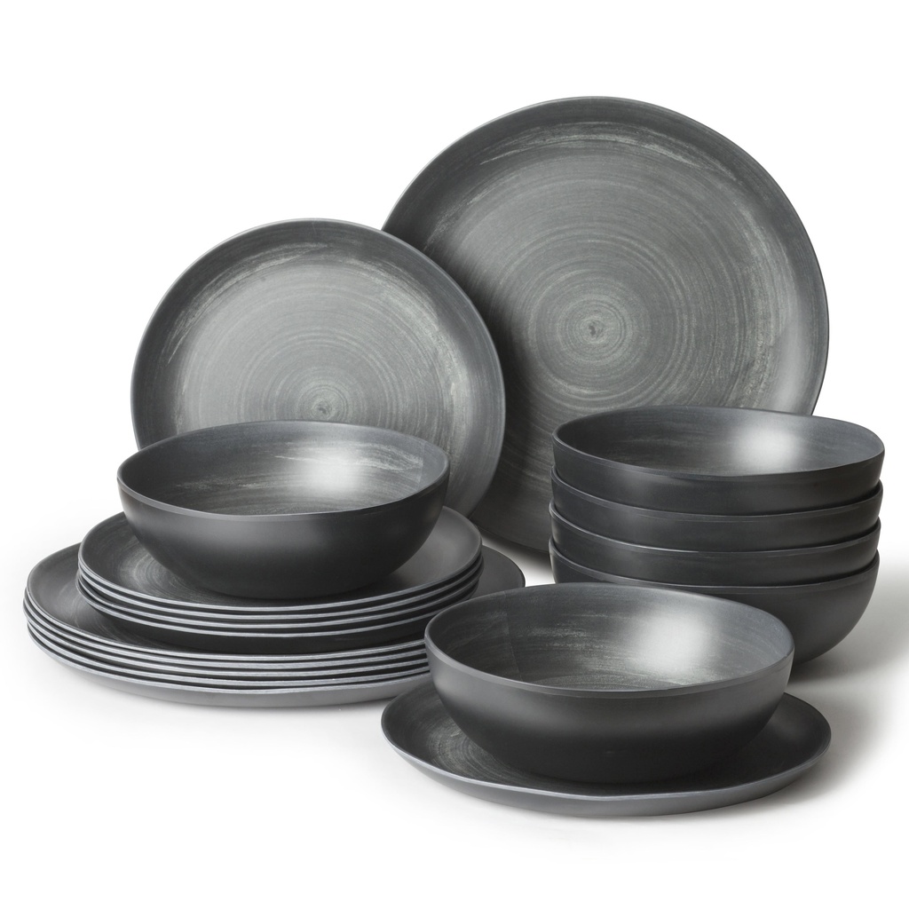 Joviton Home 18PCS Matte Black Swirl Melamine Dinnerware Sets for 6, Outdoor Plates and Bowls Sets