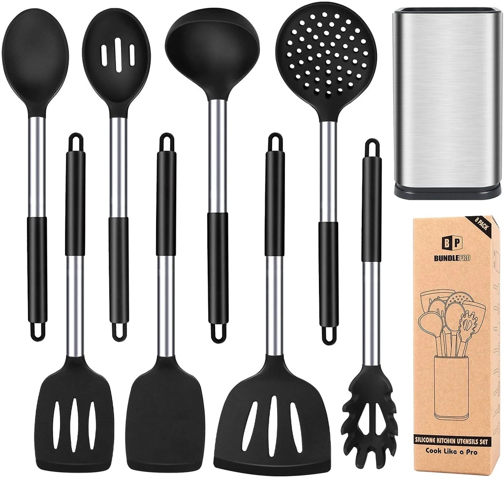 Bundlepro 8 Pcs Silicone Cooking Utensil Set, Kitchen Cookware with Stainless Steel Handle, Black
