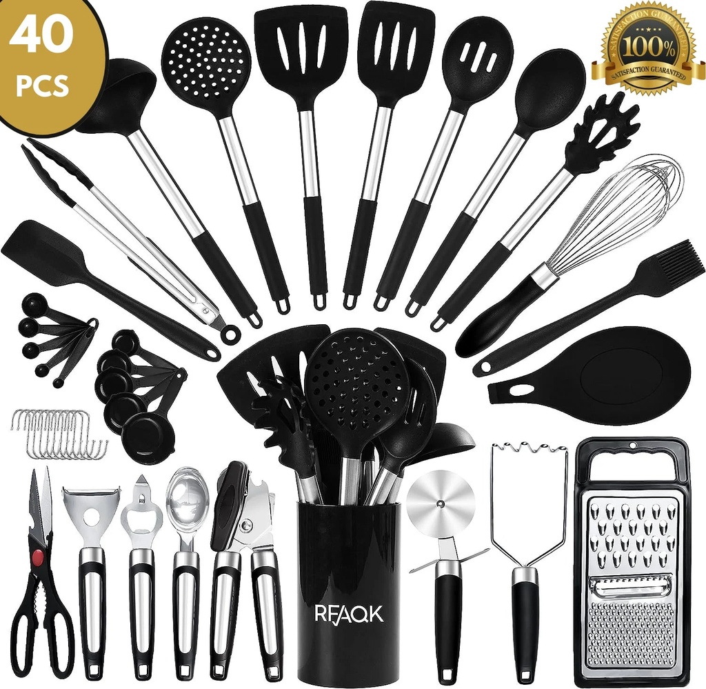 RFAQK Silicone Kitchen Cooking Utensil Set with Holder, 40Pcs Heat Resistant Set for Nonstick Cookware, Kitchen Gadgets Includes Can Opener, Potato Masher & Peeler, Tongs,Spatulas,Pizza Cutter & More