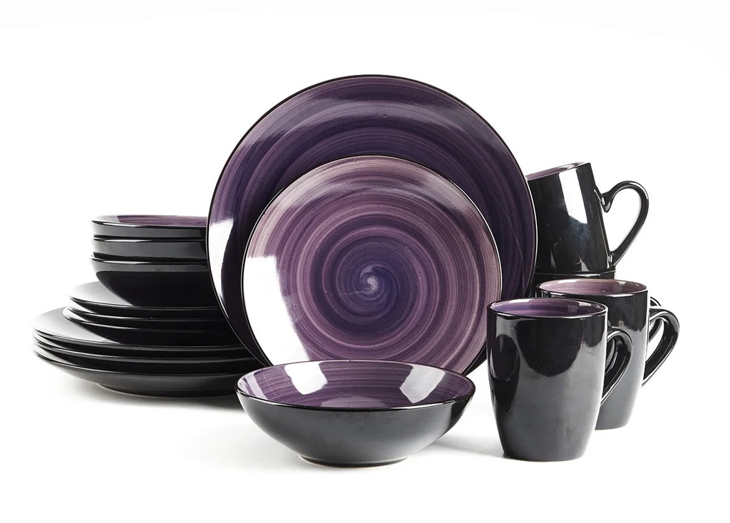 Home VSS Stoneware Sonoma 16Pc Dinnerware Set, outside Black + inside Spinwash Purple
