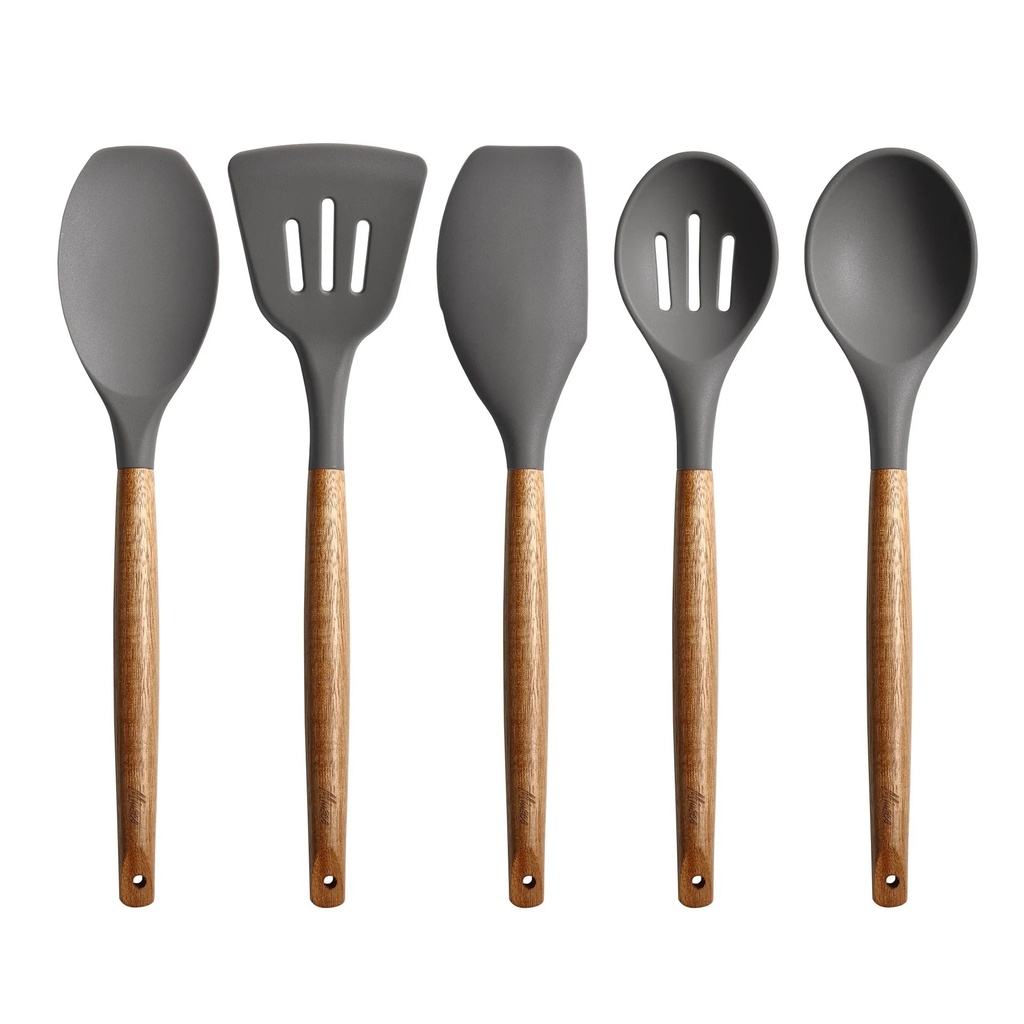 Miusco Kitchen Utensils Set with Wood Handle, Cooking Utensils, Nonstick Silicone Utensils, Christmas Gifts, Gray 5 Pcs, BPA Free