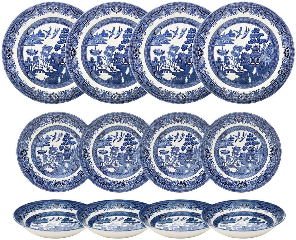 Churchill Blue Willow Dinner Plates, Salad Plates and Coupe Bowls 12 Piece Dinnerware Set, Made in England