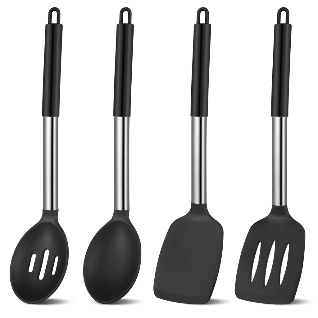 TIFOR Silicone Cooking Spatulas and Spoons, 4 Pack Heat Resistant Silicone Cooking Utensils Set, Non-Stick Large Kitchen Silicone Spatula and Spoons for Cooking, Mixing, Serving, Draining(Black)