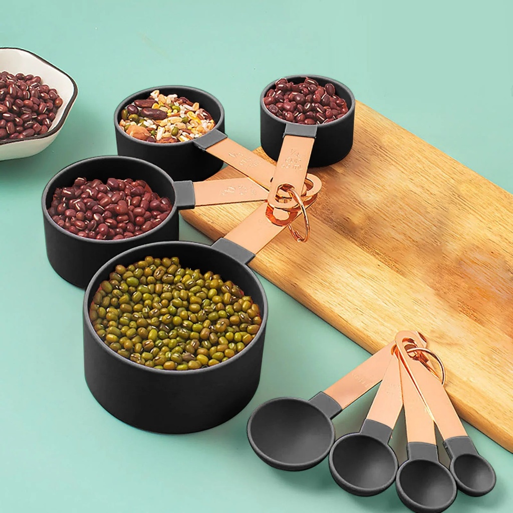 Stainless Steel Handle Measuring Spoon Plastic Measuring Cup Set of 8 Piece Gold Handle Measuring Spoon with Scale Seasoning Spoon Baking Tool/ Home Essentials