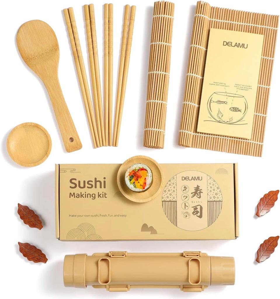 Delamu Sushi Making Kit, 16PCS Sushi Making Tool Bamboo Rolling Mat