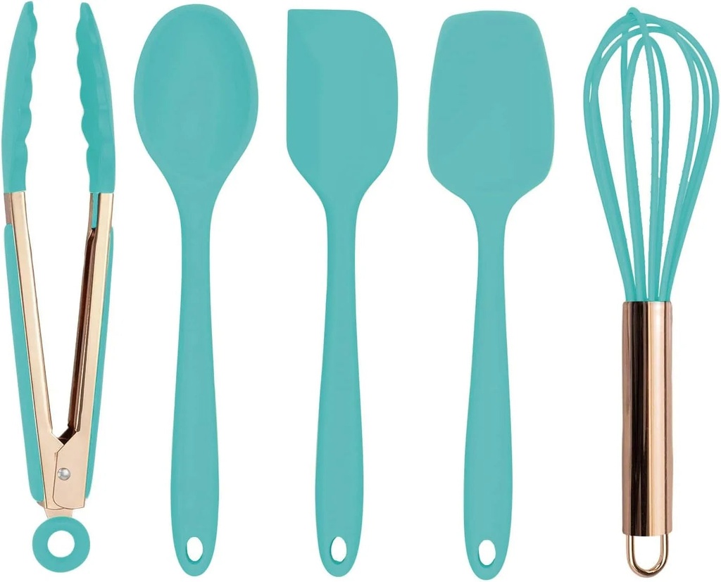 Cook with Color Silicone Cooking Utensils, 5 Pc Kitchen Utensil Set, Easy to Clean, Cooking Utensils for Nonstick Cookware, Kitchen Gadgets Set - Pink and Copper