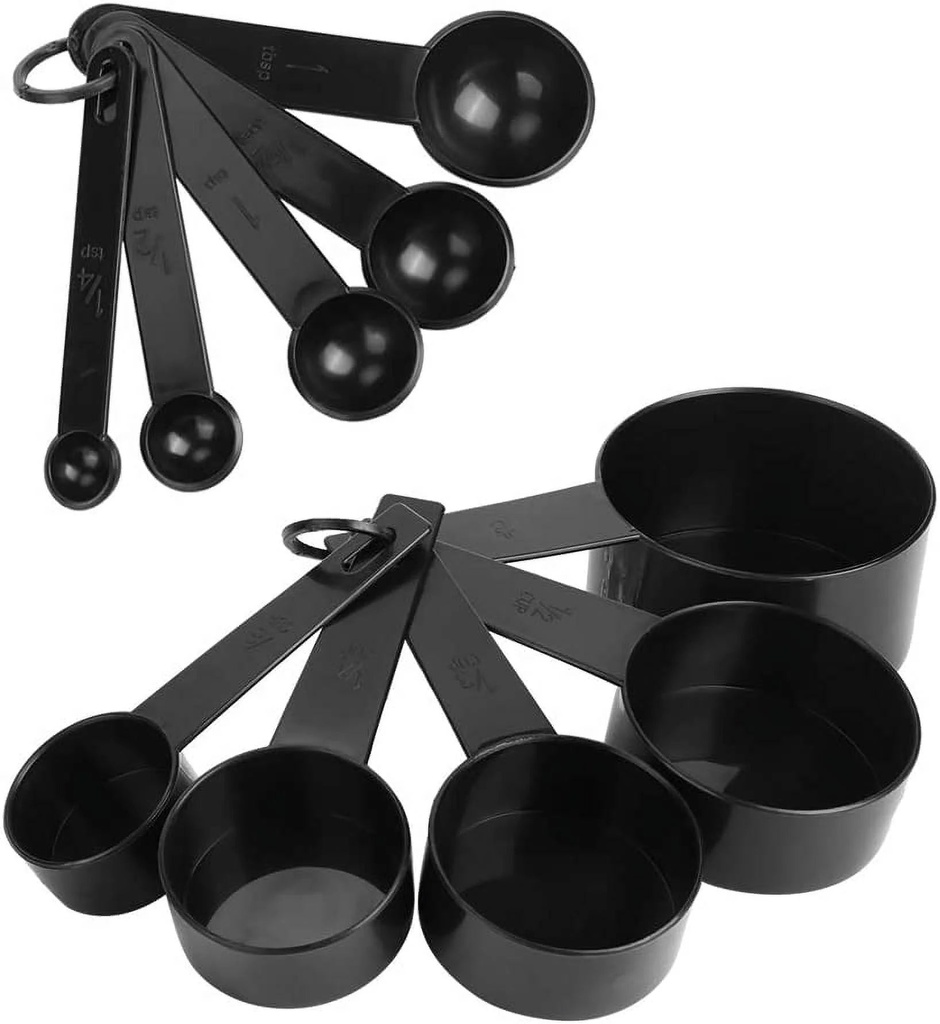 Stainless Steel Measuring Cups & Measuring Spoons, Heavy Duty Measuring Spoons Set with Etched Markings & Removable Clasp for Dry and Liquid, Fits in Spice Jars, Black