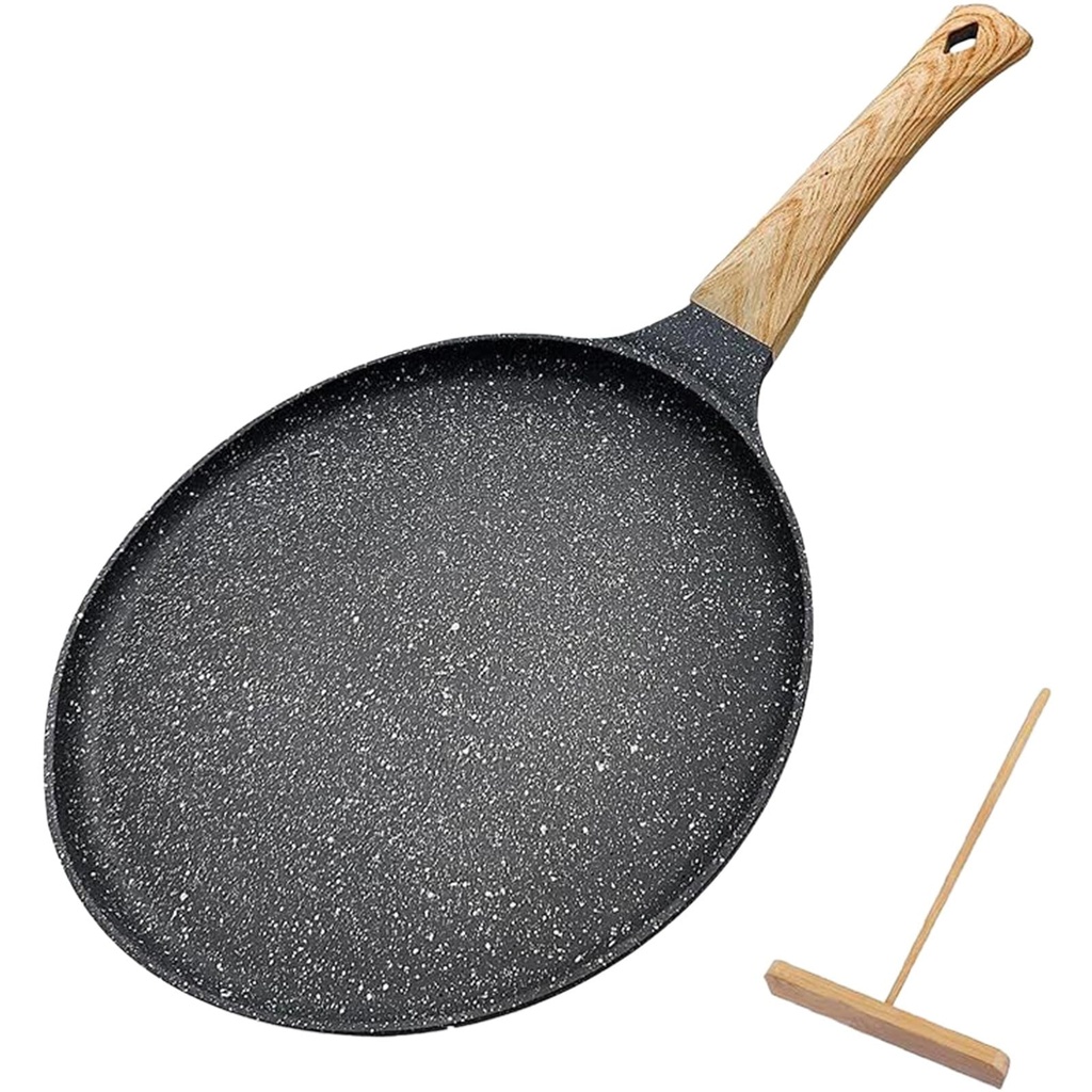 Cobowsici Kitchen Tools Onstick Crepe Pan with Spreader 9.5 Inch Coating Flat Skillet Tawa Dosa Tortilla Pan Compatible with All Stovetops