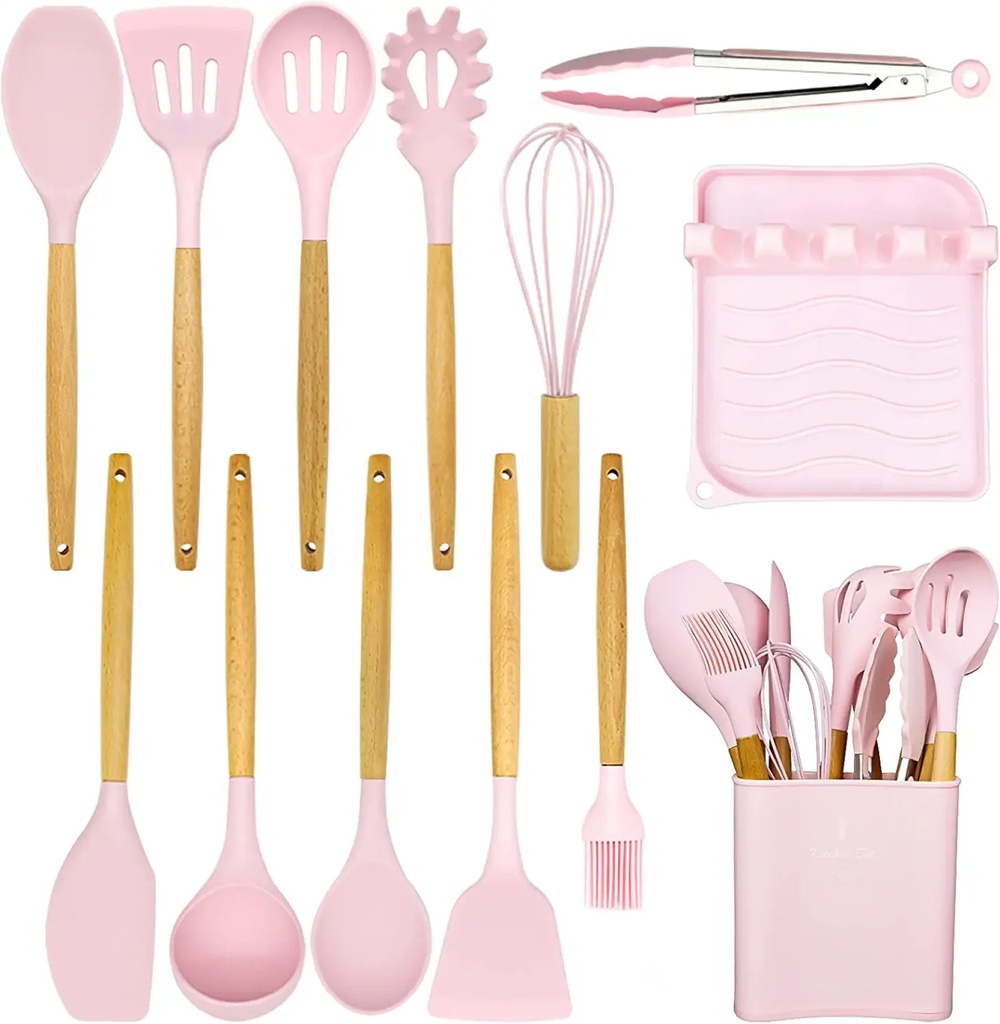 Cooking Utensils Set, Caliamary 13 PCS Silicone Kitchen Utensils Set with Holder Spoons Spatulas Tongs Whisk for Cooking, Non-Stick Heat Resistan Kitchen Tools and Gadgets with Wooden Handle