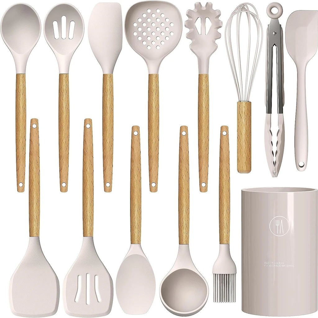 Kitchen Cooking Utensils Set,446°F Heat Resistant Non-Stick Silicone Cooking Utensil Set with Wooden Handles and Holder, Kitchen Gadgets for Cookware, Kitchen Accessories