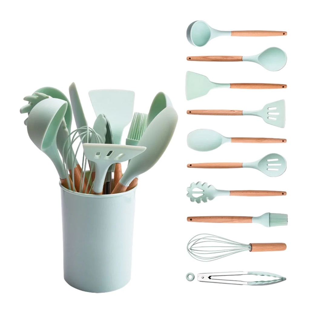 Silicone Kitchen Utensils Set ,Non-Stick Kitchenware Cooking Tools Spoon Spatula Ladle Egg Beaters Tool Gadget Accessories Green,12Pcs
