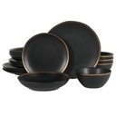 Gibson Elite Kings Road Double Plates and Bowl Organic round Porcelain Dinnerware Set - Matte Black W/ Gold Rim