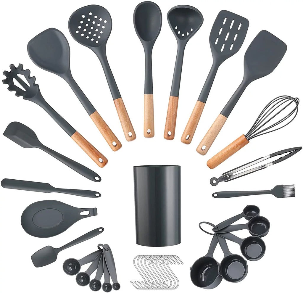 35Pcs Puricon Chef Kitchen Cooking Utensils Set, Non-Stick Silicone Cooking Kitchen Utensils Spatula Set with Holder, Wooden Handle Silicone Kitchen Gadgets Utensil Set -Grey