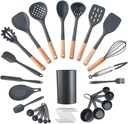 35Pcs Puricon Chef Kitchen Cooking Utensils Set, Non-Stick Silicone Cooking Kitchen Utensils Spatula Set with Holder, Wooden Handle Silicone Kitchen Gadgets Utensil Set -Grey