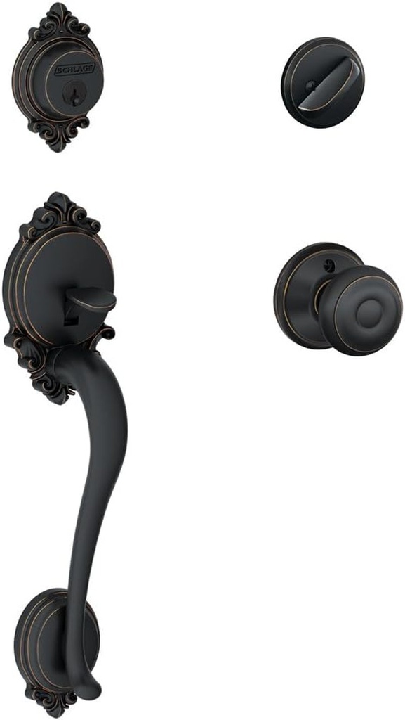 SCHLAGE Brookshire Single Cylinder Handleset and Georgian Knob, Aged Bronze (F60 BRK 716 GEO)