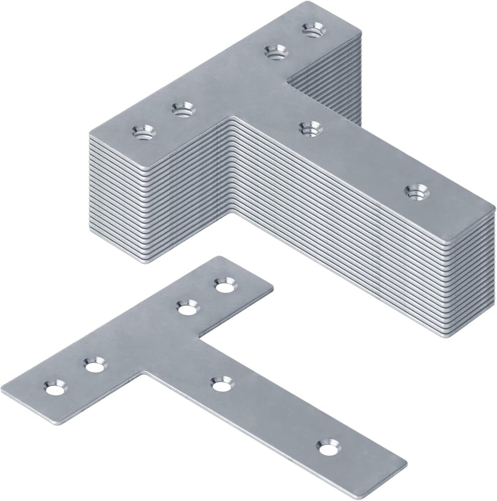 20 Pack T Shape Mending Plate, 5 X 5-1/8 Inch Galvanized Steel Corner Stealth Speed Brace Brackets, Fixing Joint Tie Structure Connector, Heavy T Straps for Timber Wood Repair Thickness 1.8 Mm