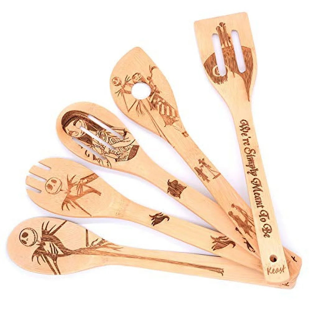 Keast 5Pcs Bamboo Spatula Spoon Set, the Nightmare before Christmas Nonstick Spatulas and Spoons with Gift Box, Wood Kitchen Utensil Set Mother'S Day Gift