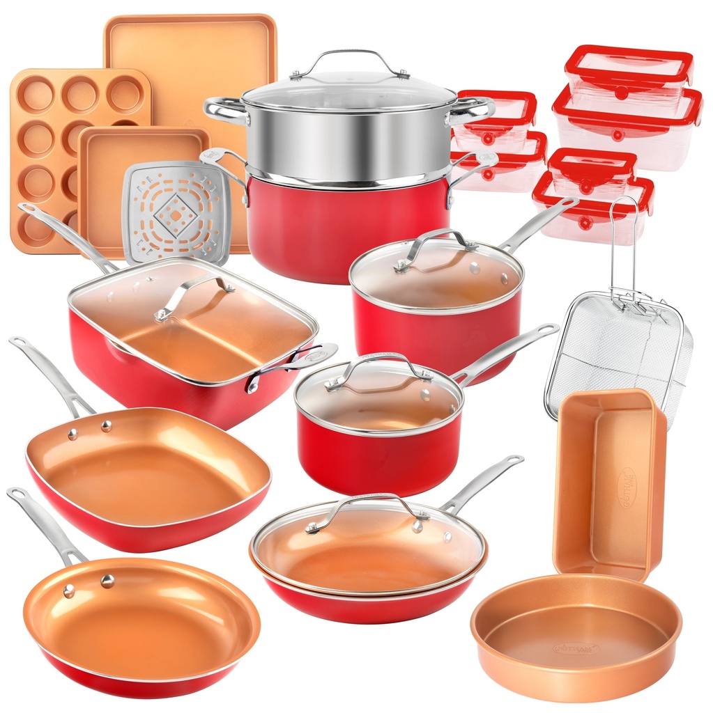 Gotham Steel Nonstick Pots and Pans 32 Piece Kitchen Ceramic Cookware Set Bakeware and Storage Set Skillet Saucepans Red