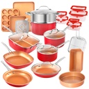 Gotham Steel Nonstick Pots and Pans 32 Piece Kitchen Ceramic Cookware Set Bakeware and Storage Set Skillet Saucepans Red