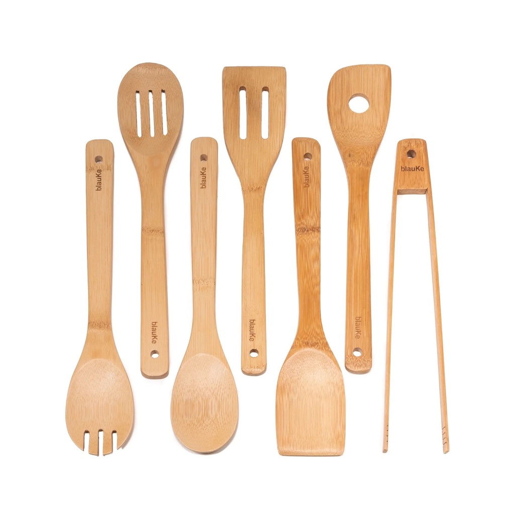 Blauke® Wooden Spoons for Cooking 7-Pack – Bamboo Kitchen Utensils Set for Nonstick Cookware - Wooden Cooking Utensils Set, Wood Spatula Spoon Tongs