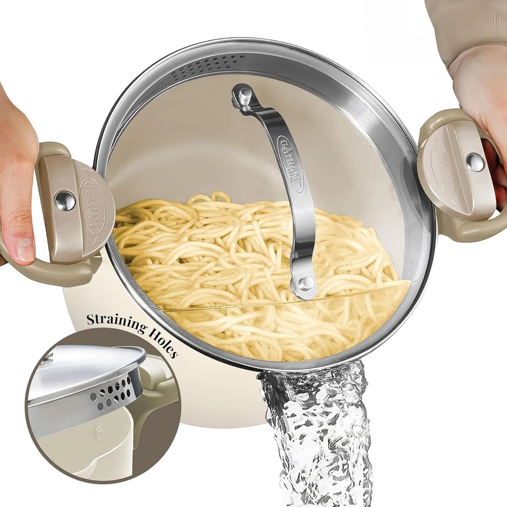 Gotham Steel Stock Pot 5 Quart Large Cooking Pasta Pot Nonstick Big Ceramic Soup Pot with Glass Lid Strainer Cream