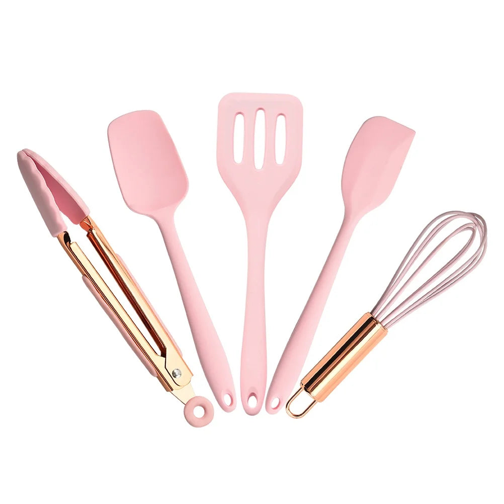 NUOLUX 5Pcs Silicone Cookware Kit Silicone Cooking Tool with Storage Box (Pink)