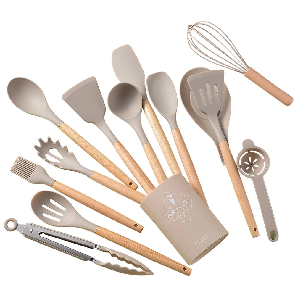 COFEST Kitchen Utensils & Gadgets,Wooden Handle Silicone Kitchenware Set 14 Piece round Barrel Set Non Stick Pot Cooking Spoon Kitchen Tools Khaki B
