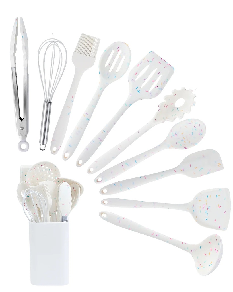 Silicone Cooking Utensils Set, Lychee 11 Pcs Heat Resistant Kitchen Utensil Set with Holder, Dishwasher Safe Kitchen Gadgets Spoon Spatula Set for Non-Stick Cookware (White + Color Dot)