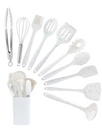 Silicone Cooking Utensils Set, Lychee 11 Pcs Heat Resistant Kitchen Utensil Set with Holder, Dishwasher Safe Kitchen Gadgets Spoon Spatula Set for Non-Stick Cookware (White + Color Dot)
