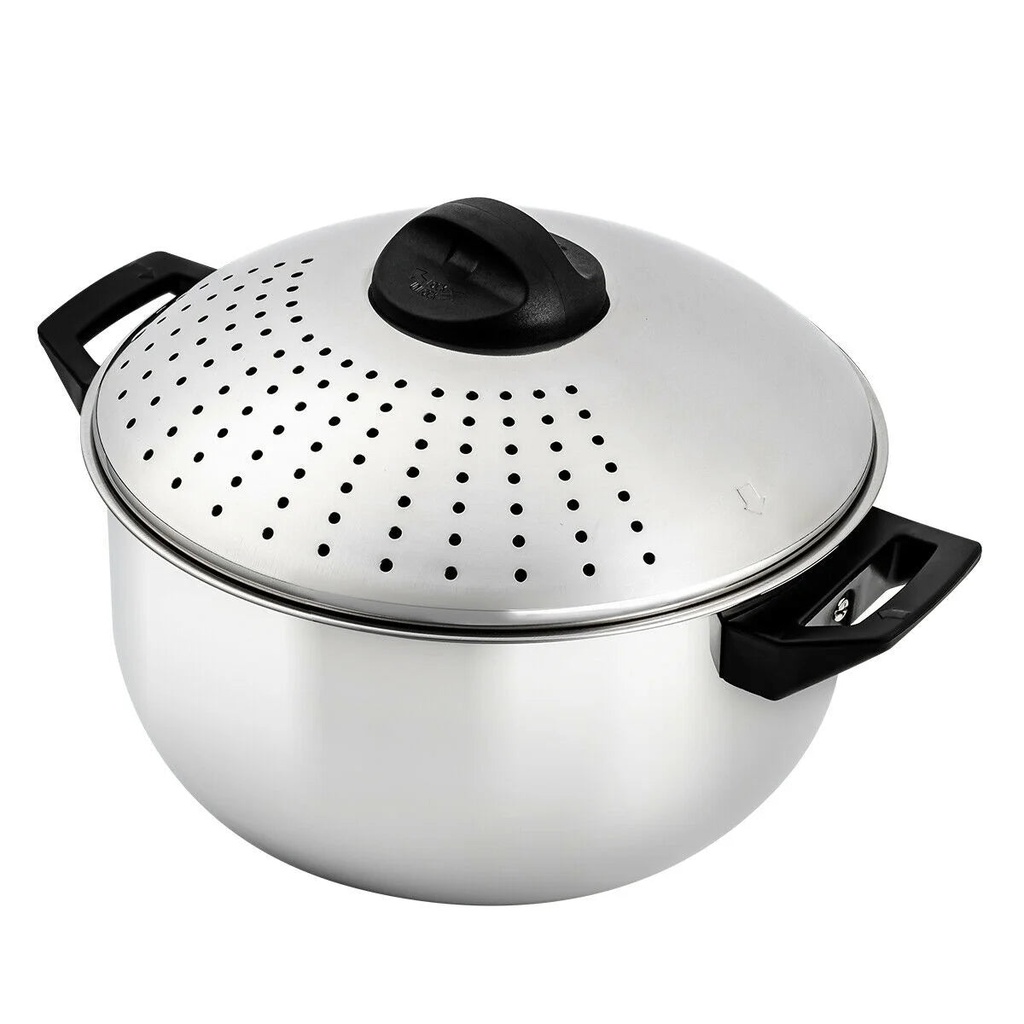 OVENTE 4.8 Quart Stovetop Stainless Steel Pasta Pot with Strainer Lid & Locking Feature, Easy Storage and Pour Safe with Cool Touch Handles Perfect for Cooking Noodle Veggie or Sauce, Silver CW15131S